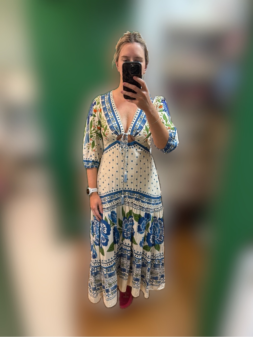 FARM Rio White Maxi Dress with Blue & Green Floral Print - Picture 3 of 3